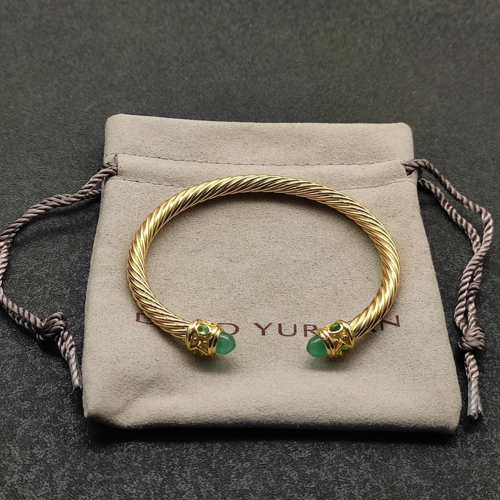 Gold-Tone Twisted Cable Cuff Bracelet with Green Stone Ends